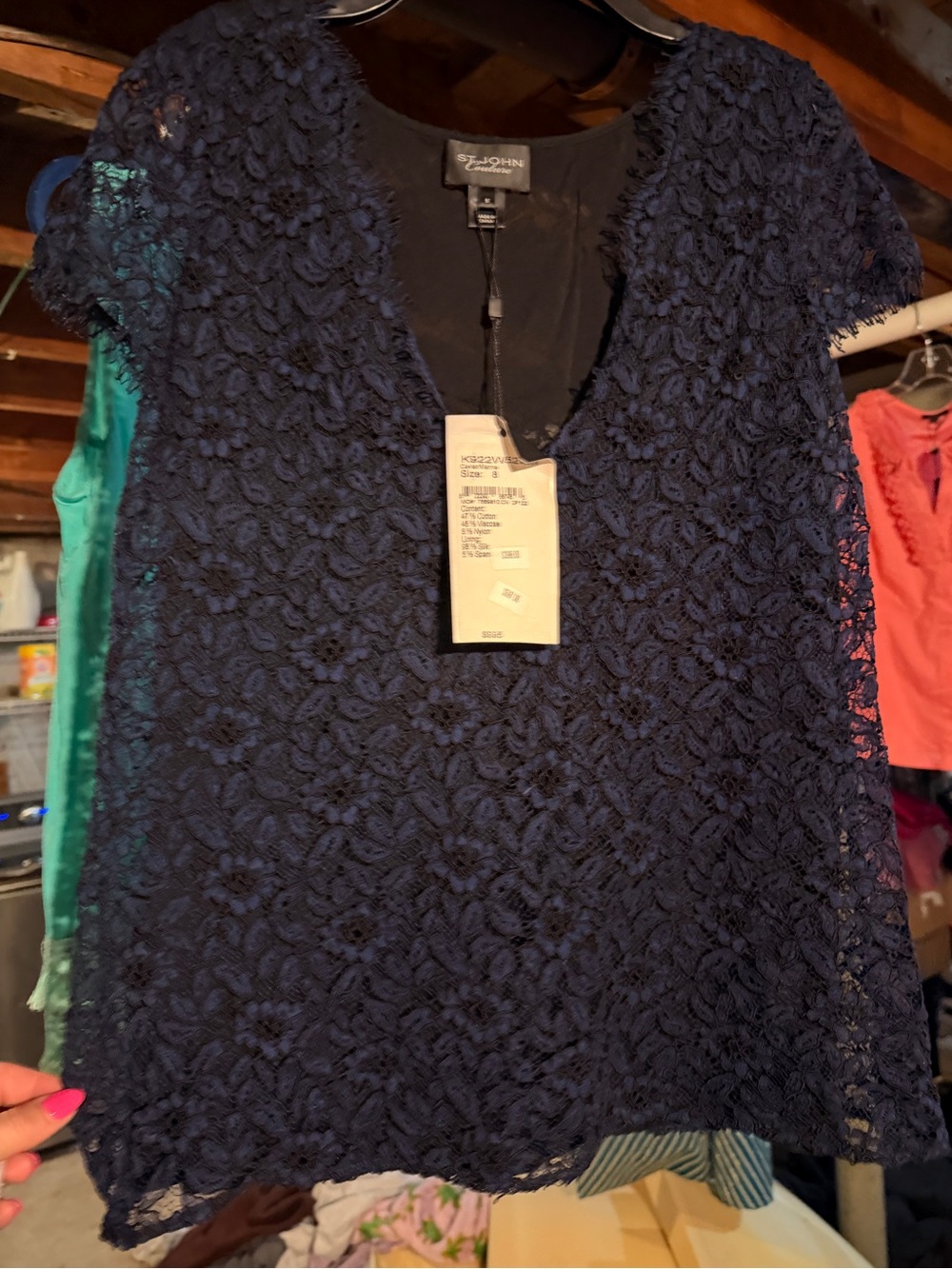 St. John Navy Floral Lace Short Sleeve Blouse